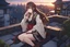 Placeholder: a young woman with long brown hair, red eyes, pale skin, wearing Genshin Impact inspired clothing, highly detailed, intricate background, sitting on rooftop during sunset, contemplative