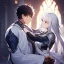 Placeholder: Girl with white hair wearing white robes. Boy with black hair wearing leather armor