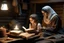 Placeholder: A close-up scene of an Arab mother reading the story from a book with her children around her in the room of the old wooden house near the fireplace 100 years ago.