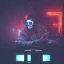 Placeholder: a cyberpunk hacker pirate captain skeleton with a pirate hat sitting in front of a huge old crt monitor in a dark room holding a beer, only light coming from crt monitor, highly detailed, intricate, digital art, trending on artstation, trending on cgsociety, by greg rutkowski