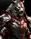 Placeholder: silver metal lion themed armor with glowing crimson trim, glowing red eyes, long crimson cape, the helmet is fully covered, the helmet isn't lion themed