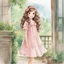 Placeholder: watercolor, full body, cute smile girl, curly hair, big eyes, long brown hair, pink dress, pink shoes