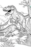 Placeholder: create a coloring page, white background Illustrate two young T-Rexes engaged in a roaring contest to establish dominance over their territory. Depict a T-Rex patrolling the borders of its territory, sniffing the air and surveying its surroundings for intruders. Kids can color the T-Rex amidst towering trees and dense vegetation.. ink drawing clipart, simple line illustrations, colored