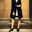 Placeholder: A beautiful slender well dressed young caucasian woman with short blonde hair and a black trench coat, waiting for a man at night at a train station in London