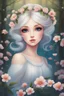 Placeholder: Painting of a beautiful girl, beautiful, flowers on her head, dress, young girl, digital painting, fantasy art, pretty face, inspired by Jeremiah Ketner, illustration, anime portrait, barbie face, big eyes, bright eyes, dream, trees, white background, dark night, song, white background, fantasy, high quality, 8k