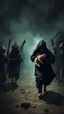 Placeholder: A scary man with black hood caring a baby and running away from villagers with stick’s chasing the man in dark scary environment