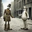 Placeholder: Snowman vs Scarecrow, Snowman shaking hands with a scarecrow in middle of city street in the summer, by Erwin Wurm and Ben Goossens, mind-bending realism, weirdcore, something strange about to happen, natural lighting, by Joel-Peter Witkin