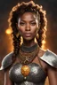 Placeholder: 38 years old black woman, elf, brown color eyes, brown small puffy curly ponytail, wears chainmail, necklase with a symbol of sun, no earings