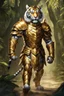 Placeholder: Full body excellent realistic portrait humanoid of tiger with golden armor,walking at jungle