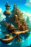 Placeholder: Vibrant Fantasy city, maritime, connect ocean ships and sea platforms