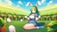 Placeholder: Girl, green hair,rabbit paws in hand, farm, sit, rabbit paws in feet, blushed, eat a carrot