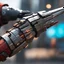 Placeholder: bokeh close up detailed view: The fingers are encased in sleek, metallic armor, each joint articulated for precision and power (rusty and bloody). Embedded along the forearm are pulsating veins of energy, feeding directly into the weapon and enhancing its deadly potential. In the grip of this hand is the power blade, a stunning creation of futuristic warfare. The blade itself is a marvel of craftsmanship, its edge razor-sharp and crackling with energy. The tenses of the hand around the hilt, the