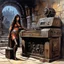 Placeholder: [art by Ray Harryhausen] a youthful Caroline Munro cautiously approaches the weathered and worn console, the most clever ordinateur in the universe. The once gleaming machine now bears the marks of time, covered in a layer of rust and dust that speaks of ages past. Despite its aged appearance, the user is granted access to a realm of knowledge and possibilities beyond her wildest dreams. The power and intelligence contained within this ancient ordinateur are shrouded in mystery, its mechanisms