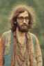 Placeholder: Hippie bohemian young ugly man with Parisian bohemian look and glasses of colours and poor and short short short and poor hair on the head with receding hairline. Farsightedness glasses with big eyes. Long beard. Vintage look and feel like photo styleof the 70s