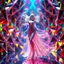 Placeholder: A goddess of love in a cleric dress dances in a vibrant, vibrating, color-rich 3D environment of metallic and crystal recursive geometric structures and an evolving ,Creative light art, blurred bokeh effect,