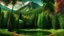 Placeholder: Capture a wide-angle shot of a towering mountain range rising above a lush forest, The colors should be vibrant and alive.