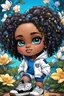 Placeholder: Create an colorful psychedelic comic book illustration of a chibi cartoon black female thick curvy wearing a cut of blue and white hoodie and white jeans and timberland boots. Prominent make up with long lashes and hazel eyes. Highly detailed shiny sister locs. Background of a large blue and white magnolia flowers all around her