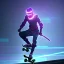 Placeholder: photo of a ninja riding a skateboard; in an alternate universe in tokyo; cyberpunk; realistic; rain; neon signs