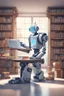 Placeholder: The library is serviced by computers, and there are many books on the shelves. The robot sits at the table and searches for books in the catalog in the computer Expression. High-quality drawing, 8K