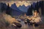 Placeholder: Tufting Tapestry oil painting, Night, rocks, Caucasian mountains, river, vegetations, dry weeds, carved temple, sand, konstantin korovin impressionism paintings