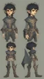 Placeholder: turnaround character of a boy elf, he has curly, black hair and sharp cheekbones. His eyes are black. pale skin. He wears fantasy medieval clothes. full body with boots