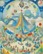 Placeholder: A light grayish blue circus in a bubbly sky designed in German folk art painted by Wassily Kandinsky