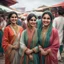 Placeholder: Hyper Realistic Traditional Pakistani girls & women smiling & talking to each other & wearing traditional desi cloths at cloudy weather in a market with lots of other people