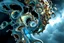 Placeholder: Dynamic complex hypnotic fractal 3D structures horizontal Symmetry twisting and morphing between organic and geometric forms , smooth translucent iridescent glass with inner glow and bubbles, varied transparent materials, stormy skies, intense dramatic