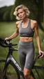 Placeholder: photography of a beautiful anorexic woman, grey satin triathlon top, sports illustrated, blond short wavy bob haircut, pronounced sternum, flat chest, anthracite cycling leggins