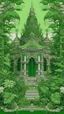 Placeholder: very detailed all Green Buddhist temple surrounded by leaves and ivy, medieval, gothic style, fine line draw style