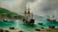 Placeholder: A bay with pirate ships painted by Claude Monet