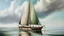 Placeholder: Oil painting of a sailboat in calm waters, the boat is brown with a white sail, the mast is tall and thin, the boat is reflected in the water, there are rocks in the water, the sky is a light blue, the water is a light green, the painting is done in a realistic style, the colors are muted, the light is soft and diffused.