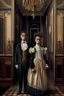 Placeholder: Mulatto siblings of older brother and younger sister in their thirties, dressed in fancy 19th century clothing, standing in the hall of an elegant house