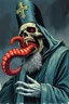 Placeholder: Lovecraftian color poster, zombie priest with a giant centipede coming out of mouth, stylish, surreal, by Michael Whelen, by Dariusz Klimczak, ink wash mind-bending color oil painting, dark shine war, by Phlegm