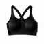 Placeholder: Folded Cross-back sport bra, top view, flat lay, realistic, active wear, black material, round neck, cross-back with double spaghetti straps, small cup size