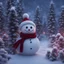 Placeholder: A (((small miniature glowing snowman with red Santa hat on his head and a red scarf and red white coat and pants ))) standing in a ((snowy mushroom garden)), with a (twilight backdrop that limns the surrounding ((huge trees))