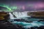 Placeholder: landscape from Iceland, with Fire, Ice, northern lights, and Waterfalls. A sea with a big cruise boat