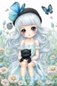 Placeholder: cute happy fairy girl with rounded (blue eyes), big long silver hair, a tiny black fluffy kitty sitting on her hat, chibi 3d anime character, detailed, fantasy style, nice picture in the big meadow with pale colors flowers