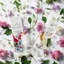 Placeholder: a small vial lies on a beautiful floral background top view, in the background there are beautiful spring flowers and a drop of cream, high-quality picture, top view