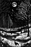 Placeholder: flat vintage winter night scenery with realistic trees, animals, river and plants elegant engraving in black and white