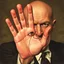 Placeholder: Bald Aleister Crowley holding up hand revealing an eye in his palm, the wickedest man on earth, by Dave McKean