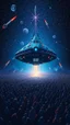 Placeholder: A field of random people at the end of the picture a huge complicated details texture of a blue dark colorful aliens spaceship , lot of rockets and falling stars filling the picture