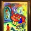 Placeholder: surreal cat playing piano in style of chagall painting with picture of chagall in background