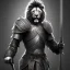 Placeholder: A warrior with a face of lion carrying sword and hammer in a dark background