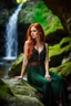 Placeholder: Close UP, delicate, cute, soft, skinny belly red haired Young lady, Green eyes , cave waterfall, medieval