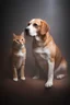 Placeholder: a big, fat, orange tabby cat named Garfield and a small, beagle dog named Odie - gradated Background, professional quality studio 8x10 UHD Digital photograph, multicolored spotlight, Photorealistic, realistic stock photo, Professional quality Photograph. colored Fog - Multicolored lighting,