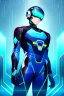 Placeholder: cyberpunk, neon blue, high technology, geometric figures, orbiting figures, cyberpunk suit, black and blue, epic, rain, neon blue suit, geometric figures orbiting around suit, exosuit, male