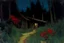 Placeholder: Night, cabin, pine trees, pathway, red flowers, theodore robinson impressionism painting