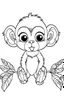 Placeholder: cute coloring page, sketch style, cute baby monkey in the jungle, cute cartoon, white and black, withe background, no shadows, outline.