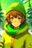 Placeholder: Girl with short brown hair, red eyes, green sweatshirt with a horizontal yellow stripe, he is wearing a Christmas hat, and in the background there are trees in the cold winter with lots of snow, Anime HQ style